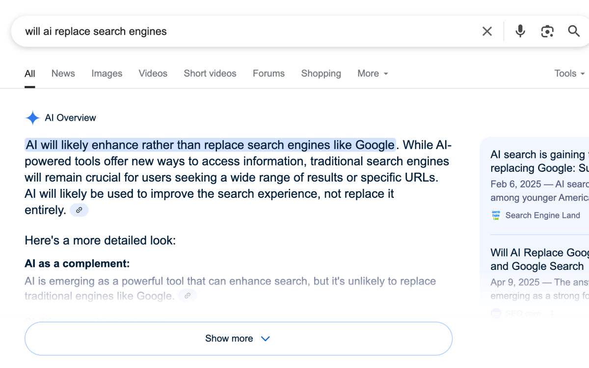 Google 검색도 이제는 AI로 도출한 결과를 가장 먼저 보여주고 있습니다.