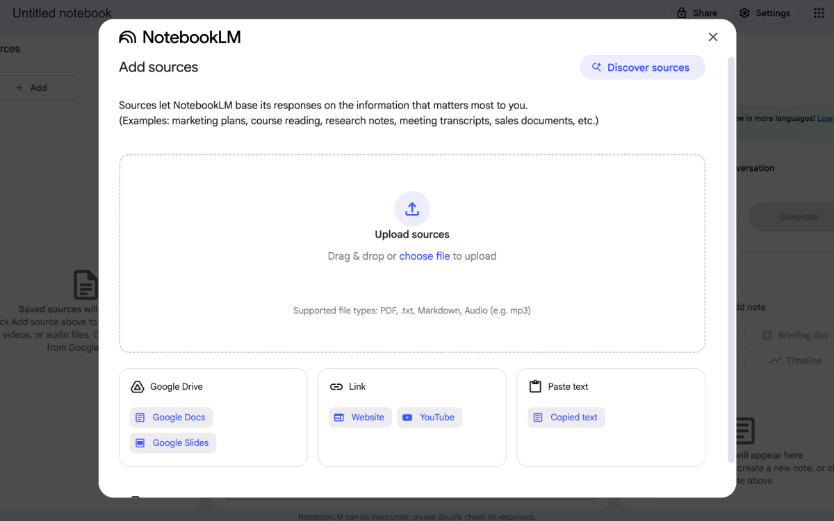 Notebook LM을 켜면 가장 먼저 보이는 Source 업로드창